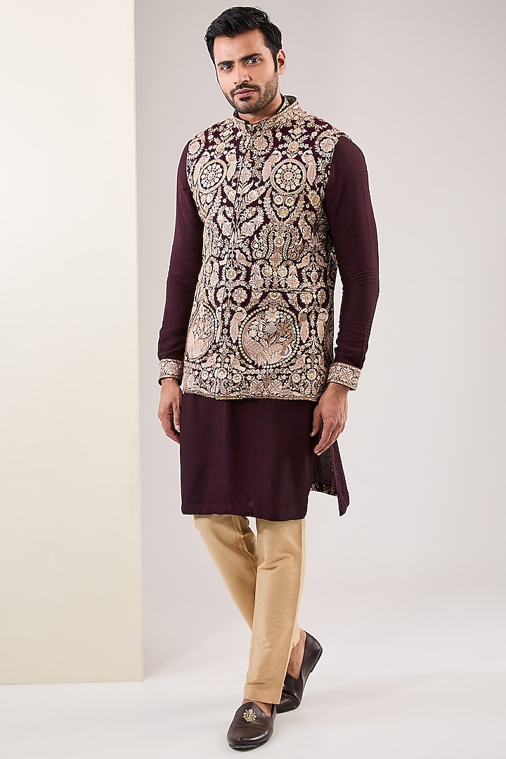 Ox Blood Georgette Thread Embroidered Bundi Jacket Set by Rabani & Rakha Men